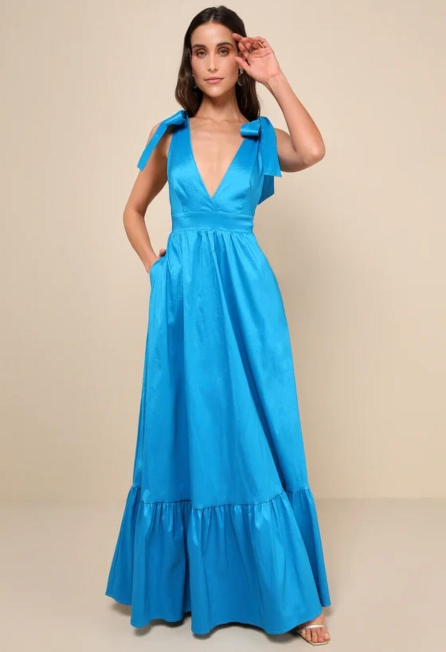 Lulus Rare Charm Teal Blue Taffeta Tie Strap Maxi Dress Pockets XS Formal Gown
